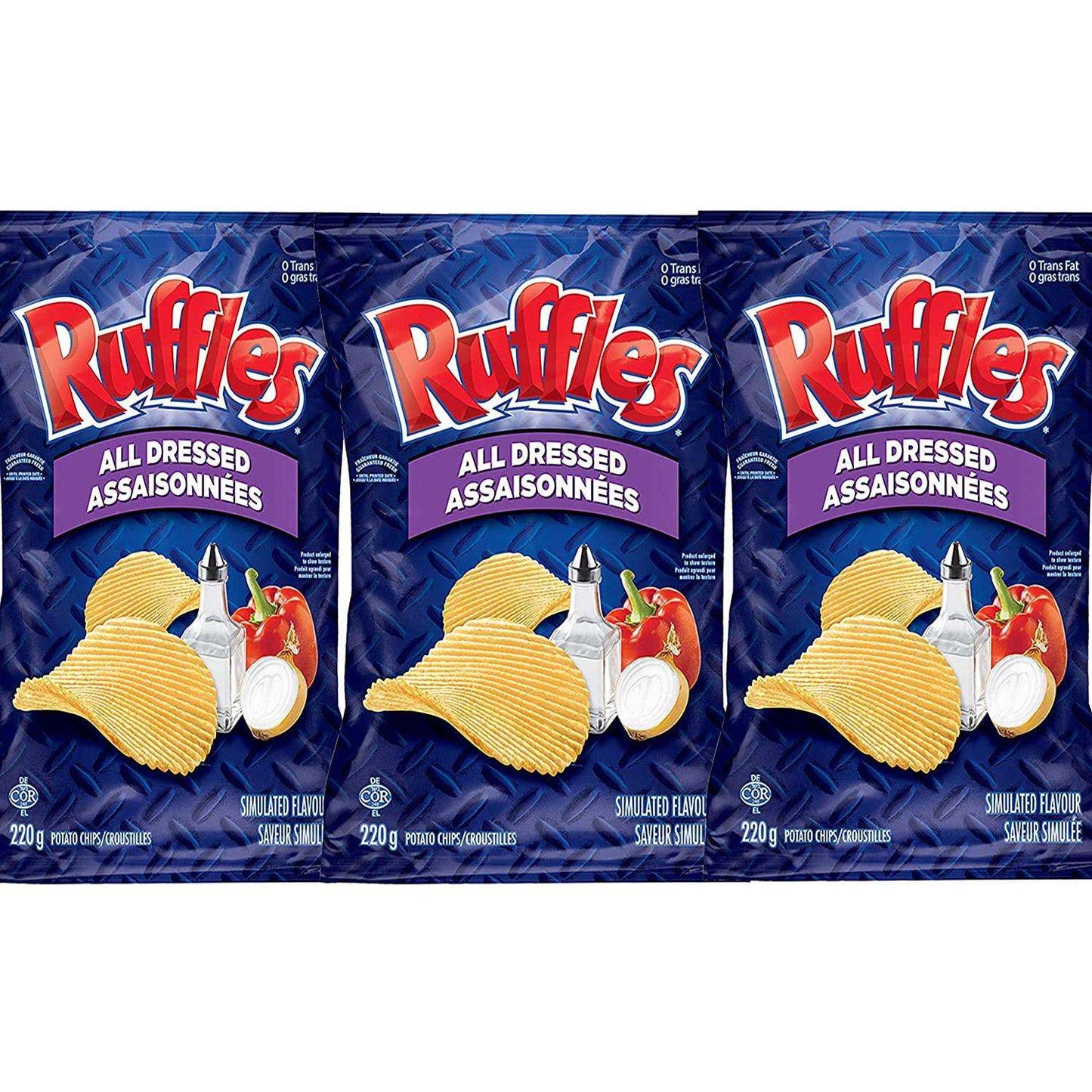 Ruffles All Dressed Ridged Potato Chips - Unique Flavor 3 Pack (Large 200g Bags)