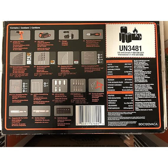 Black+Decker 20V MAX Cordless Drill & 100-Piece Project Kit | Battery, Charger & Bag Included (BDC120VACA)