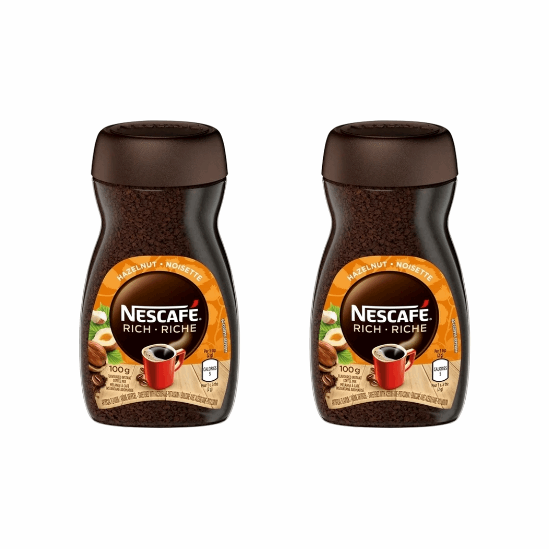 NESCAFÉ Rich Hazelnut Instant Coffee (2-Pack, 100g Jars) – Aromatic & Full-Bodied, Low Calorie, Makes 100+ Cups