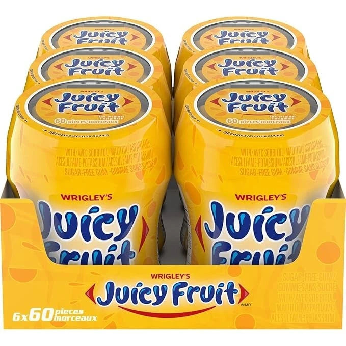 Juicy Fruit Sugar-Free Gum - 360 Pieces (6 x 60 Count Bottles) - Classic Fruity Flavor