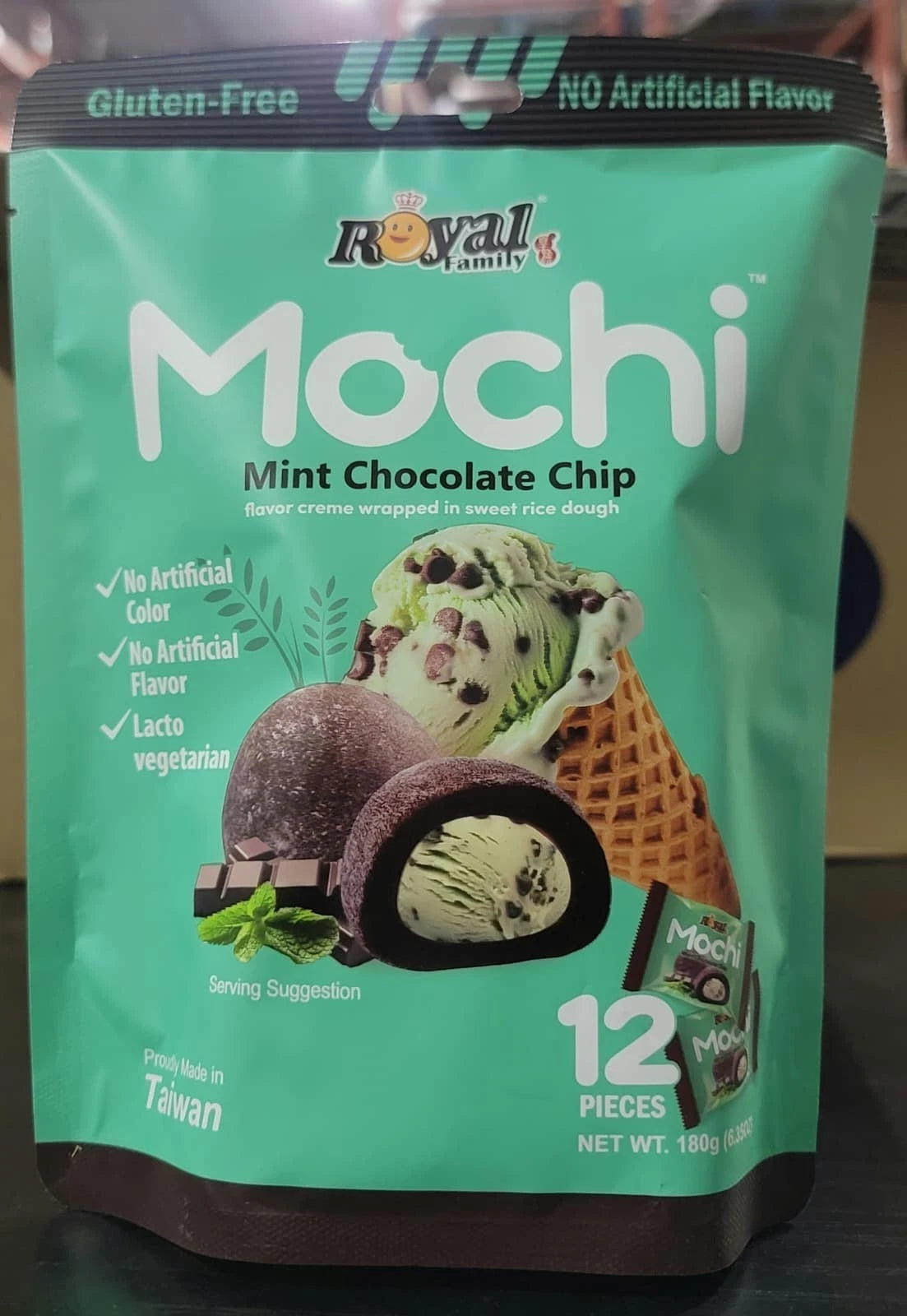 Royal Family Mint Chocolate Chip Mochi - 6.3 oz | Refreshing Japanese Style Chewy Rice Cake Snack