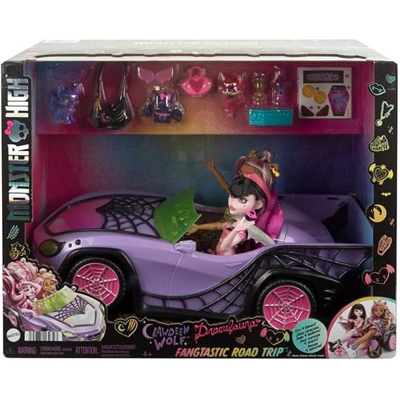 Monster High Draculaura & Clawdeen Wolf Doll Vehicle Playset – Fang-tastic Road Trip with Car, 3 Pets & Spooky Accessories