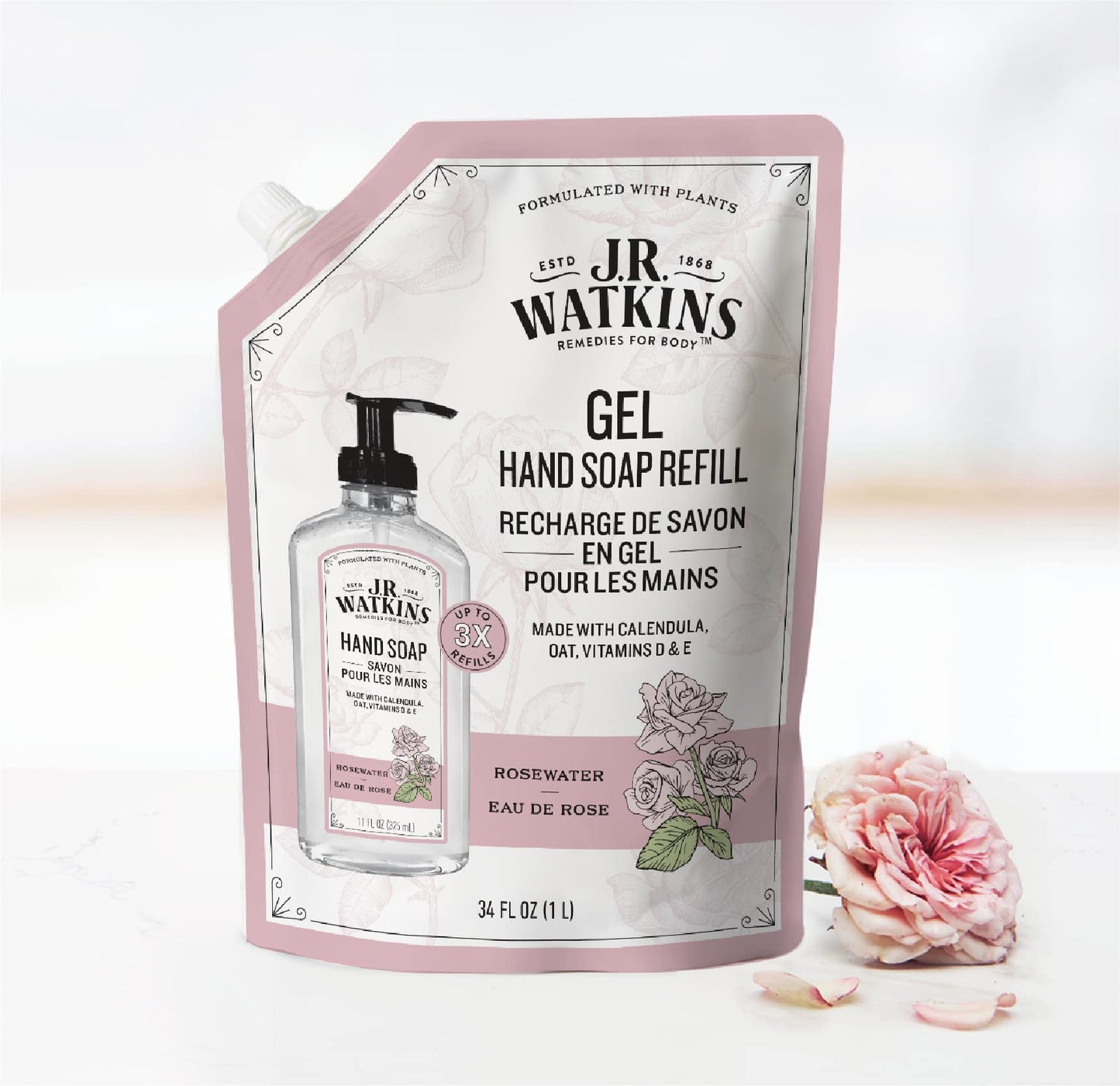 J.R. Watkins Rosewater Liquid Hand Soap Refill Pouch 1 L