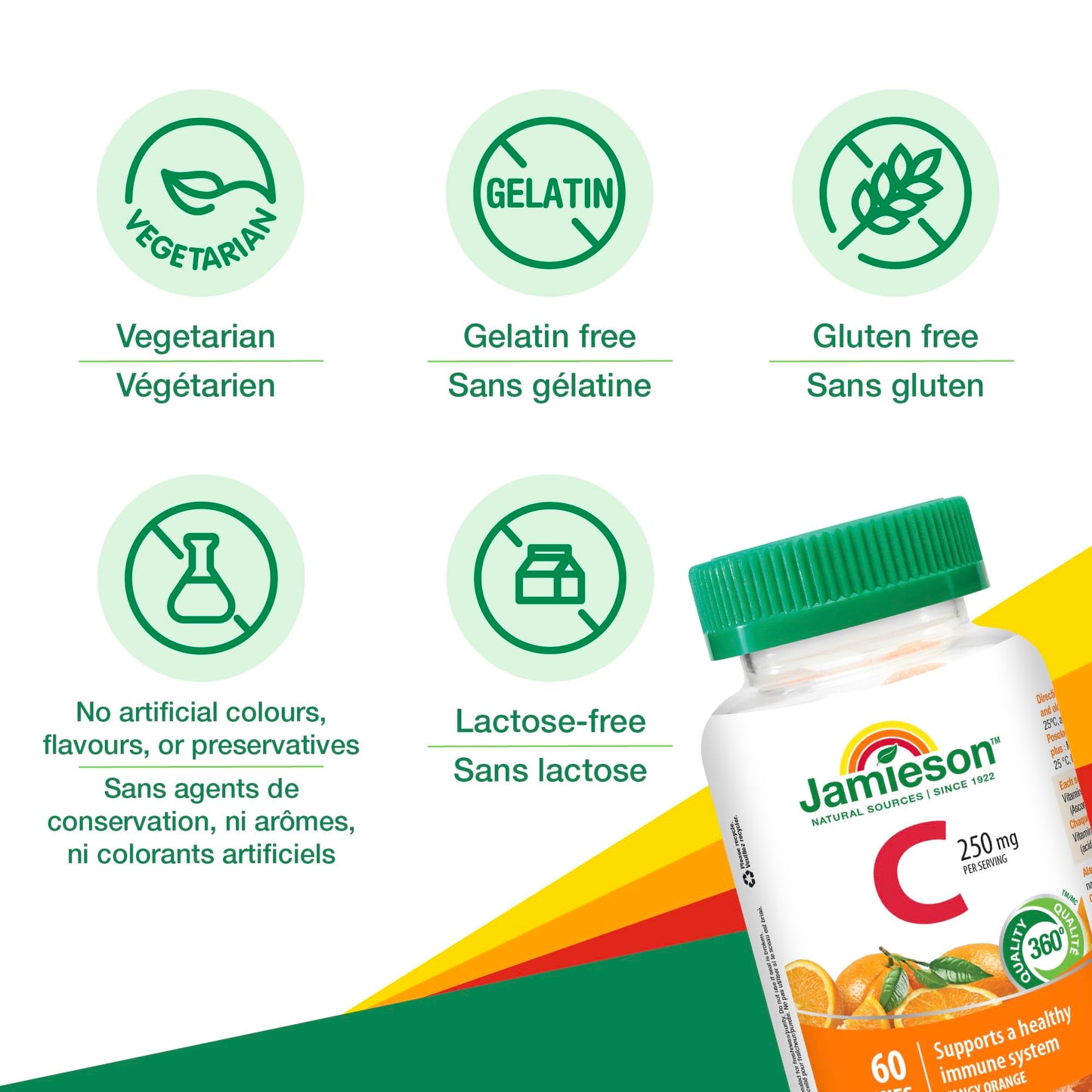 Jamieson Vitamin C 250 mg Gummies Natural Tangy Orange Flavour,  60 Count