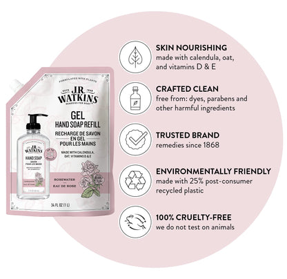 J.R. Watkins Rosewater Liquid Hand Soap Refill Pouch 1 L