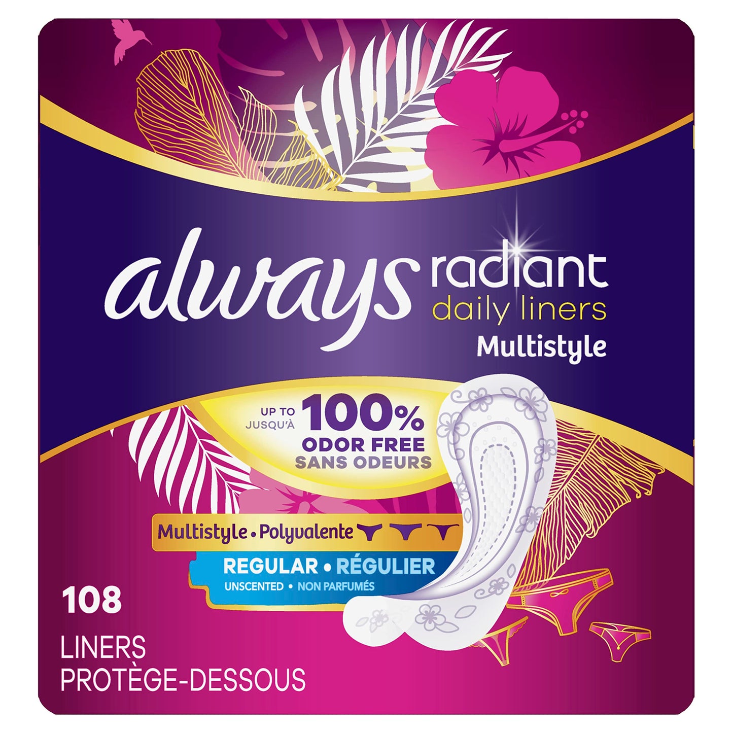 Always Radiant Daily Liners Regular Multistyle  | 108 Count