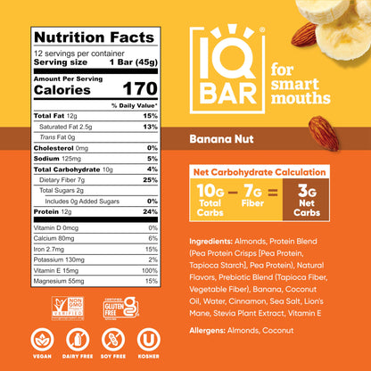 IQBAR Brain & Body Banana Nut Protein Bars – 12-Pack Keto Vegan Snack
