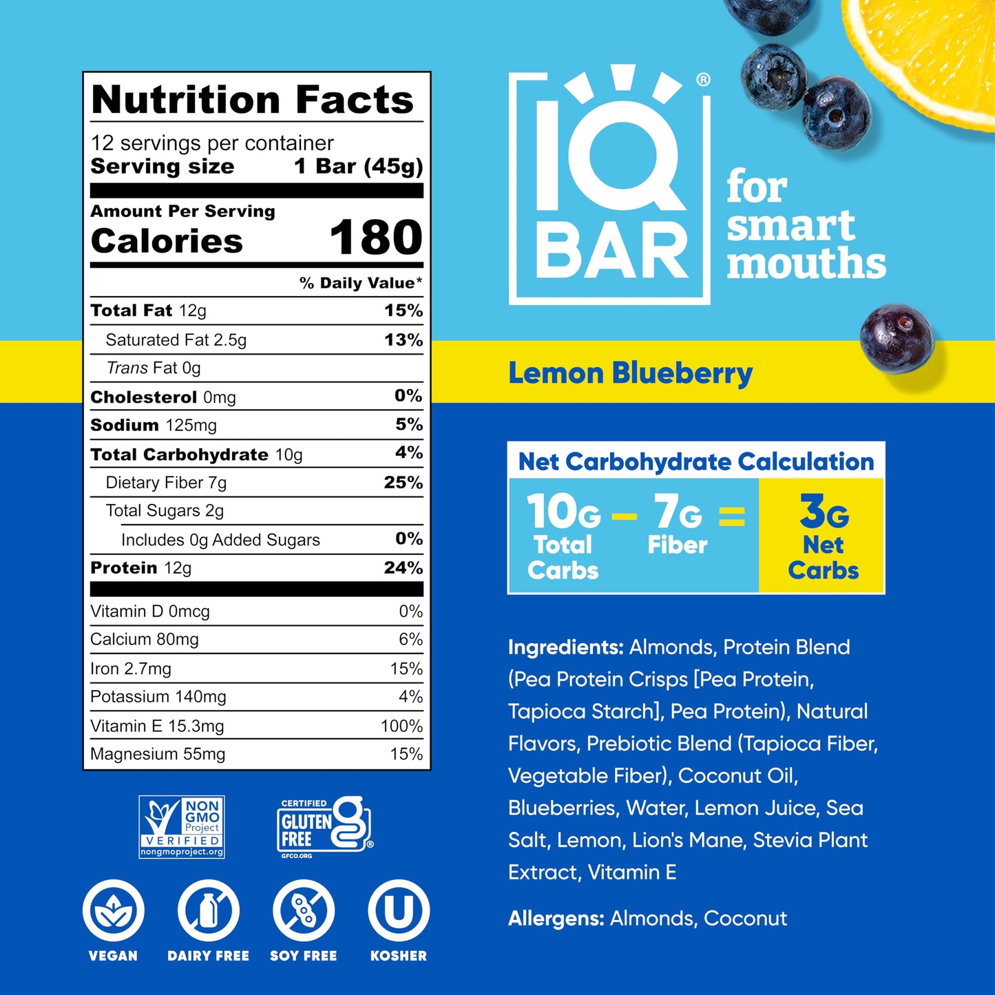 Fuel Your Focus: IQBAR Lemon Blueberry Plant-Based Protein Bars – Low Carb, Keto, Vegan Snacks (12-Count)