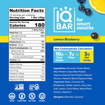 Fuel Your Focus: IQBAR Lemon Blueberry Plant-Based Protein Bars – Low Carb, Keto, Vegan Snacks (12-Count)