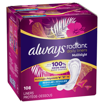 Always Radiant Daily Liners Regular Multistyle  | 108 Count