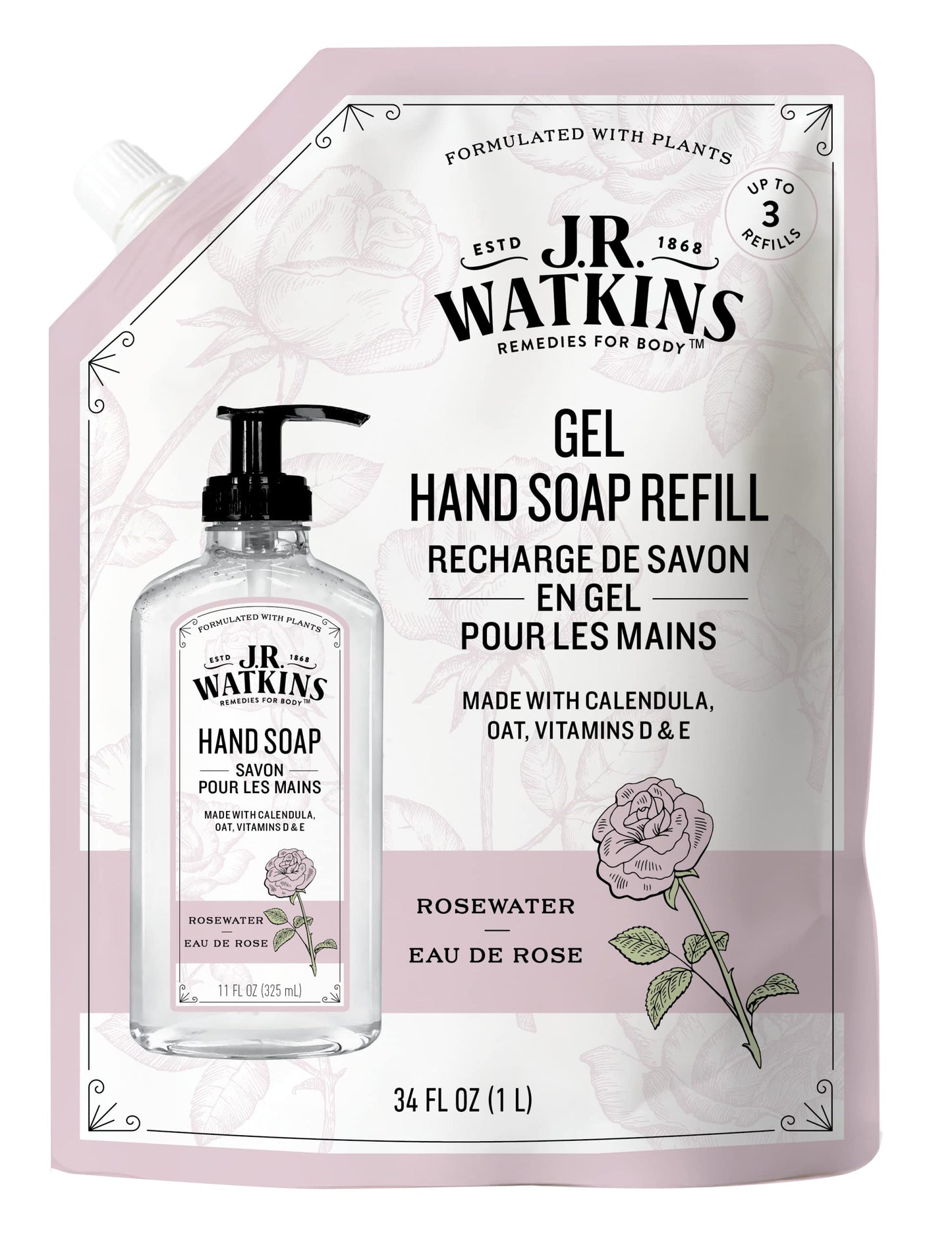 J.R. Watkins Rosewater Liquid Hand Soap Refill Pouch 1 L