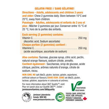 Jamieson Vitamin C 250 mg Gummies Natural Tangy Orange Flavour,  60 Count