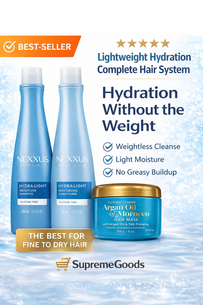 Lightweight Hydration Hair Care Set – Nexxus Hydra-Light Shampoo & Conditioner with OGX Argan Oil Mask