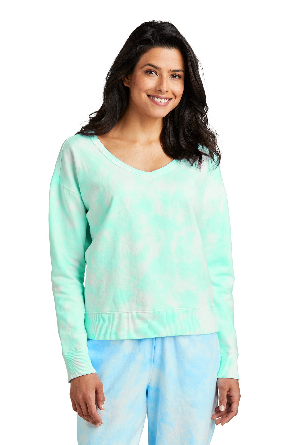 Port & Co™ Women's Beach Wash® Cloud Tie-Dye V-Neck Sweatshirt LPC140V