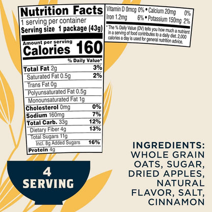 Quaker Instant Oatmeal, Apples & Cinnamon 43G (4 Pack) — Quick, Heart-Healthy Breakfast