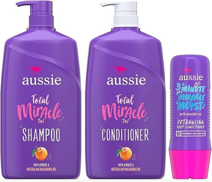 Aussie Miracle Moist Shampoo & Conditioner Set with Deep Hydration Treatment – 3-Step Hair Repair for Dry, Damaged Hair