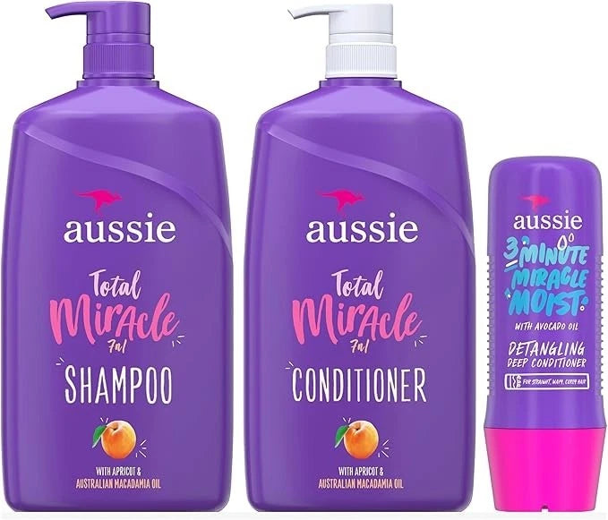 Aussie Miracle Moist Shampoo & Conditioner Set with Deep Hydration Treatment – 3-Step Hair Repair for Dry, Damaged Hair